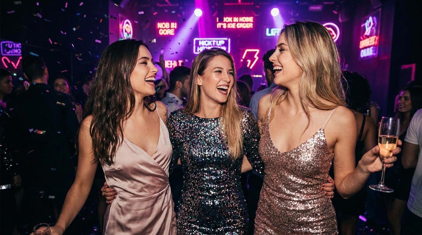 Ambiance nightclub — trois femmes en soirée