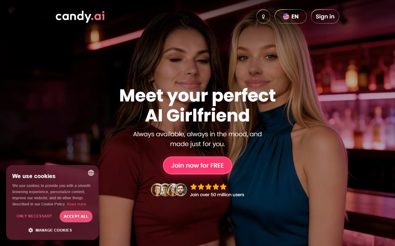 candy.ai — page d'accueil avec personnages virtuels IA